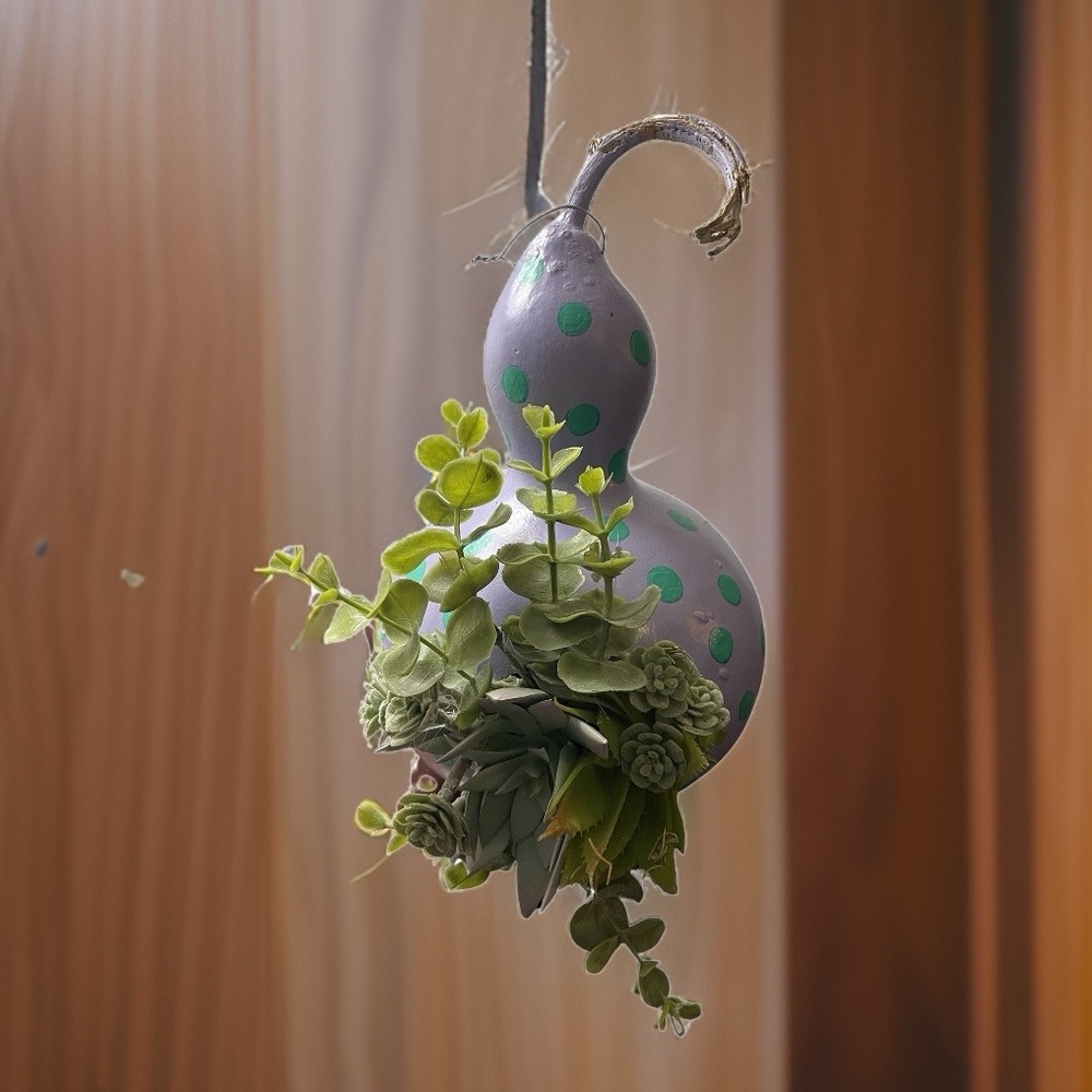 Hand crafted painted dried gourd planter purple aqua blue dots faux succulents - Picture 3 of 16